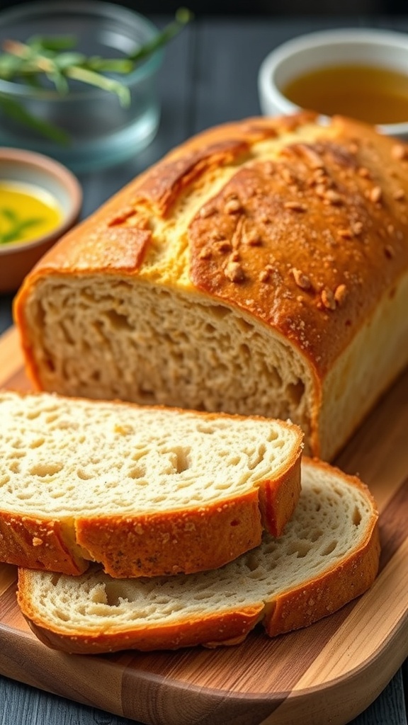 Kamut Flour Sandwich Bread Recipe Sliced kamut flour sandwich bread on a wooden board, showcasing its golden crust and soft interior.